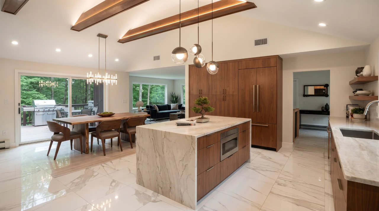 An open kitchen with walnut cabinets, a marble waterfall island, glass globe pendants and lit ceiling beams